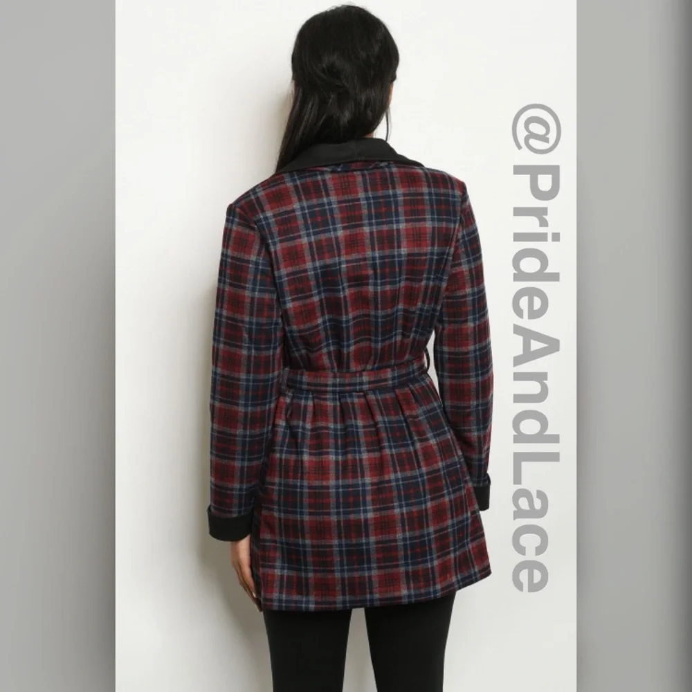 LAST 1️⃣🔴⚫️BLACK BURGUNDY CHECKERED TRENCH JACKET⚫️🔴 - Picture 5 of 10